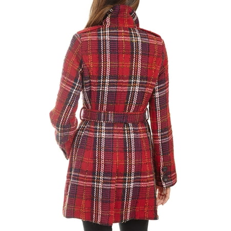 Donatella Long Plaid Wool Coats for Women with Belt and Stand Collar
